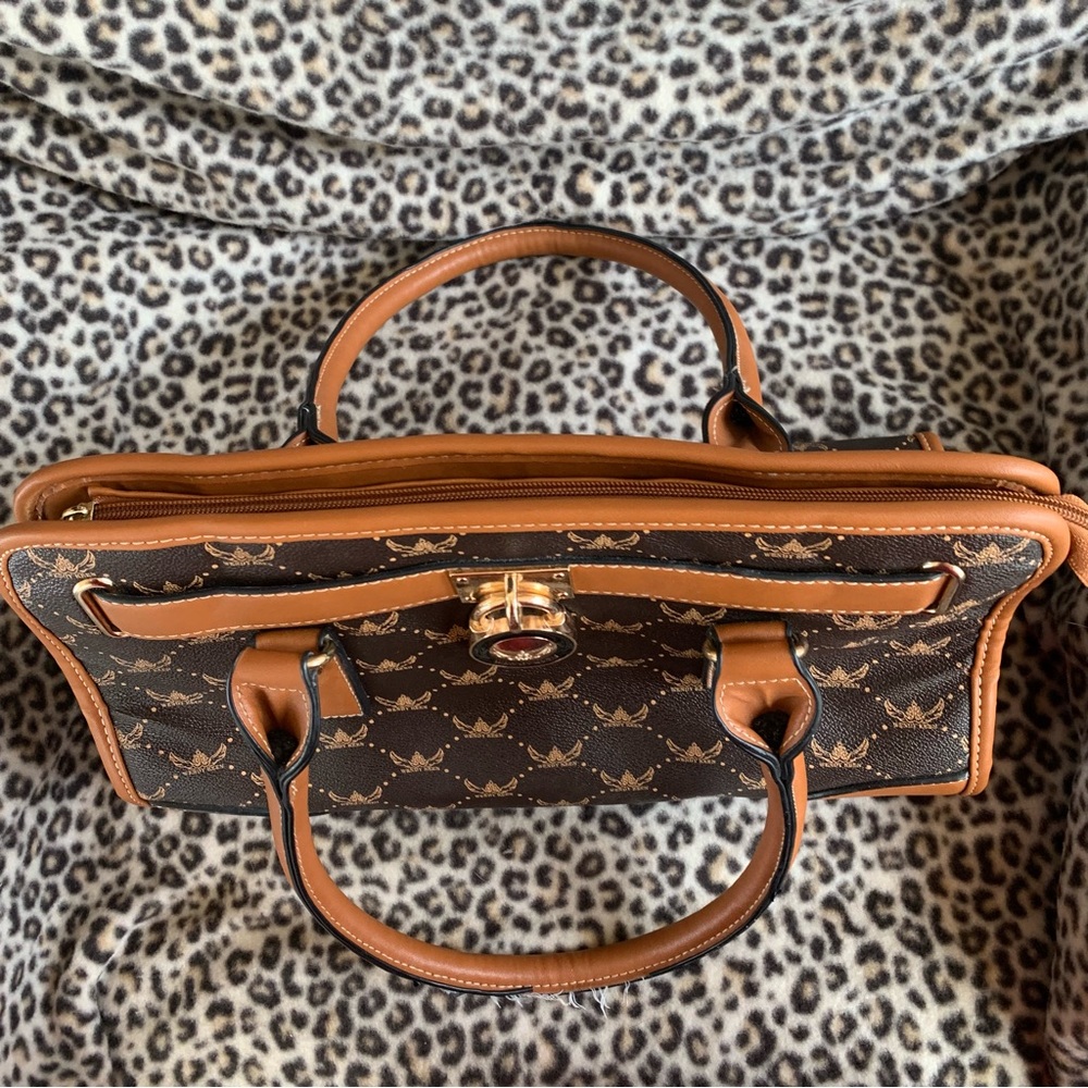 Brown and Tan Monogram Satchel Handbag with Gold Accent - Picture 2 of 10